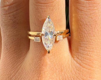 3CT Elongated Marquise Cut Moissanite Wedding Ring Set Engagement Ring Anniversary Gift Solitaire Ring & Unique Eternity Band Gift For Her.