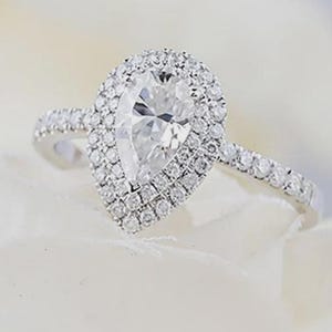 1.20 CT Pear Cut Moissanite Double Halo Engagement Ring, Pear Cut Moissanite 925 Silver Ring, Perfect Art Deco Bridal Ring In Silver.