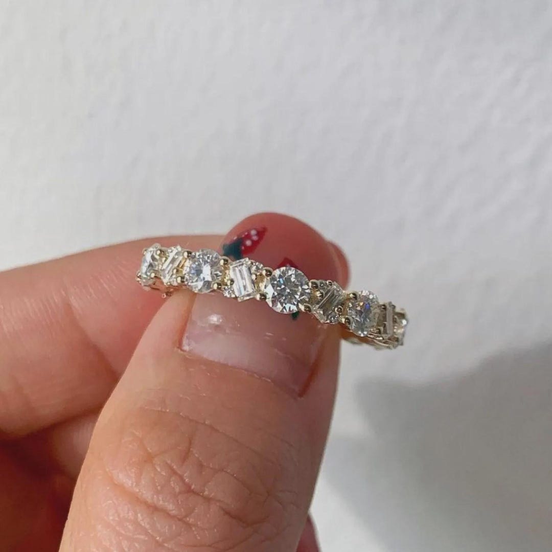 Round & Baguette Cut Moissanite Diamond Wedding Band for Women Vintage ...
