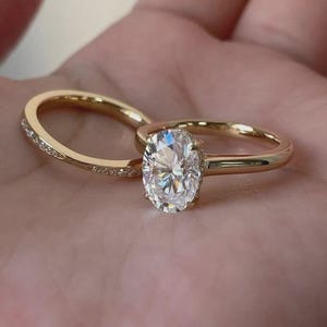 2.50 CT Oval Cut Moissanite Engagement Ring Set, 14k Solid Yellow Gold Bridal Ring Set, Oval Hidden Halo Wedding Ring Set, Oval Bridal Set