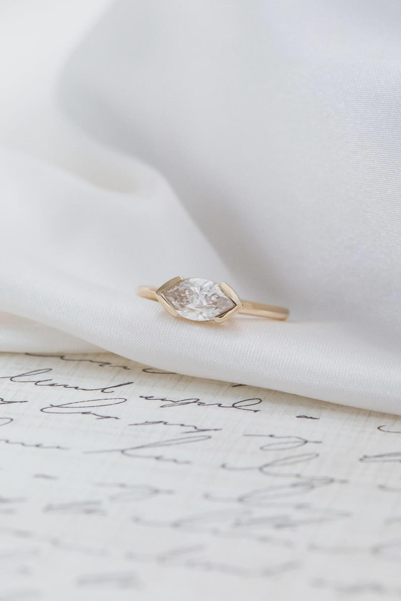 Marquise Brilliant Cut Moissanite Semi Bezel Set Engagement Ring, Solid