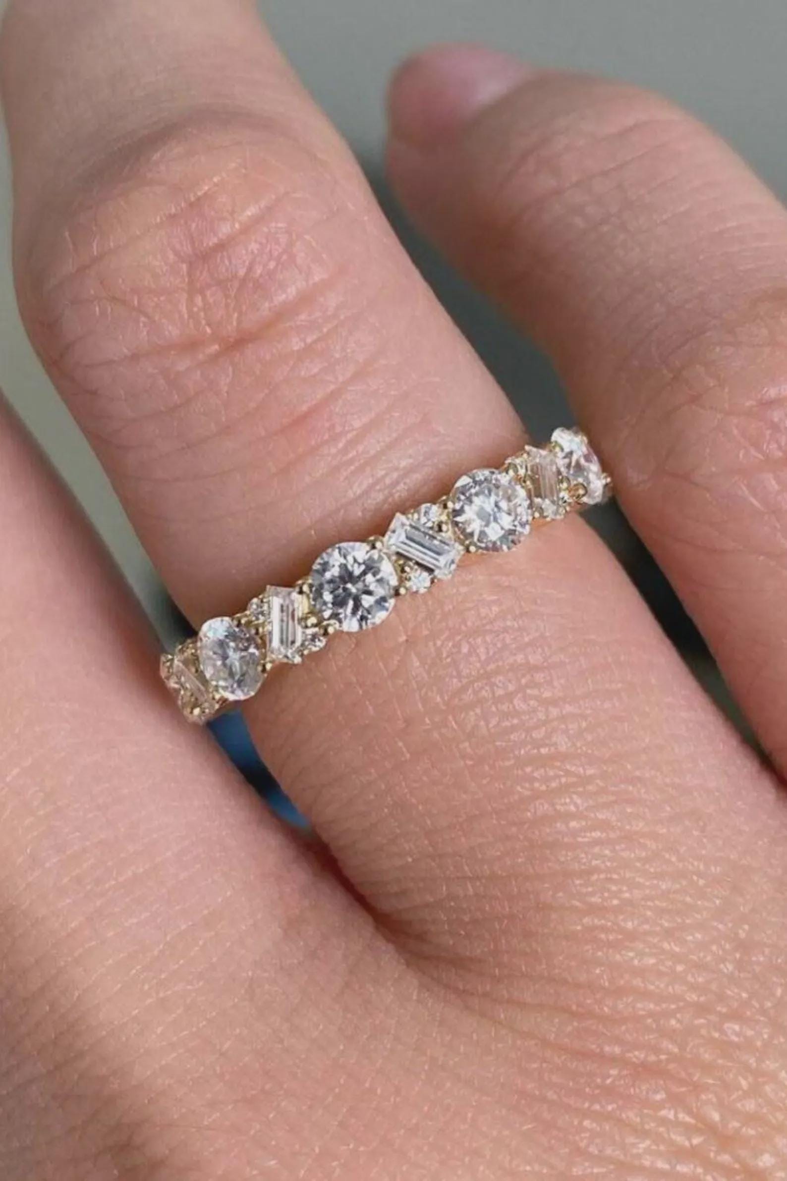 Round & Baguette Cut Moissanite Diamond Wedding Band for Women Vintage ...