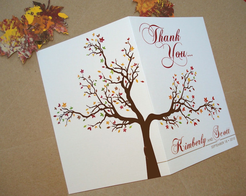 Fall Thank You Card Set Falling in Love Wedding Autumn Thank You Card Set Love Birds Fall Tree Wedding Thank You Card Fall Leaf Wedding