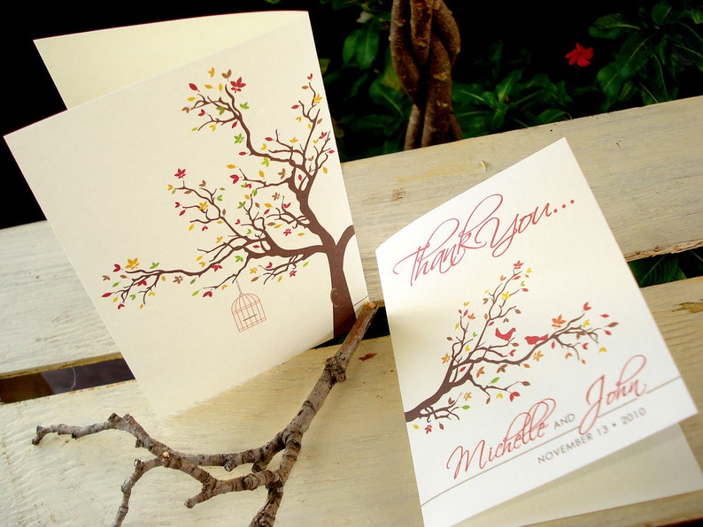 Fall Thank You Card Set Falling in Love Wedding Autumn Thank You Card Set Love Birds Fall Tree Wedding Thank You Card Fall Leaf Wedding