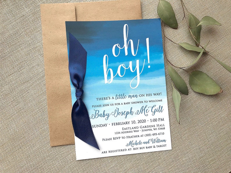 Oh Boy Baby Shower Invitation Watercolor Blue Baby Shower Etsy