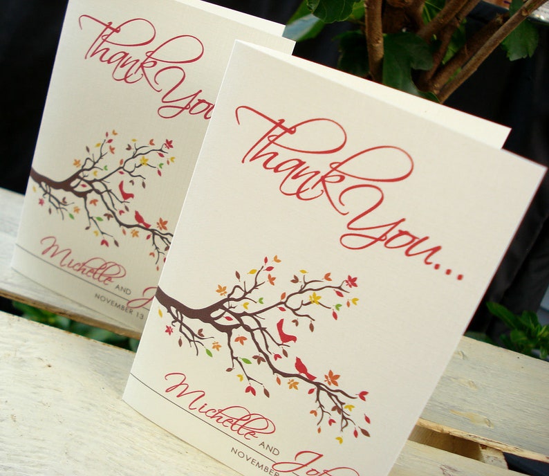 Fall Thank You Card Set Falling in Love Wedding Autumn Thank You Card Set Love Birds Fall Tree Wedding Thank You Card Fall Leaf Wedding