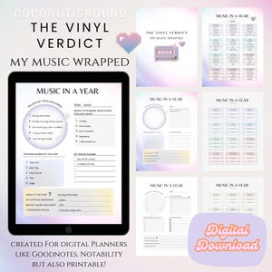 May include: Digital planner pages with the text "Music in a Year" and "The Vinyl Verdict." The pages include sections for top songs, defining genres, and album highlights. The design features pastel colours and a digital download graphic.
