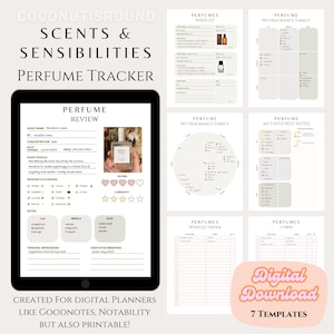 Può includere: Un tracker di profumi stampabile con sette modelli. I modelli includono sezioni per il nome del profumo, la concentrazione, il prezzo, il profilo olfattivo, le note, il voto, la longevità, le impressioni personali e i ricordi associati. Il tracker include anche sezioni per i profumi su una lista dei desideri, i profumi posseduti e un grafico della famiglia olfattiva.