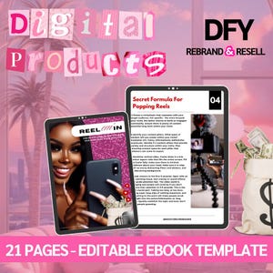 Könnte beinhalten: Eine rosa und weiße digitale Produkt-Ebook-Vorlage mit dem Titel "Secret Formula For Popping Reels" und dem Text "21 Seiten - Bearbeitbare Ebook-Vorlage". Das Ebook-Cover zeigt eine Frau, die ein Telefon und eine Tüte Geld hält.