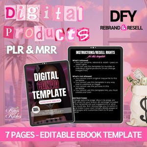 Könnte beinhalten: Ein rosa und weißes digitales Produkt-Mockup mit dem Text "Digital Canva Template" und "Links with MER PLR". Das Mockup befindet sich auf einem Tablet-Bildschirm mit rosa Hintergrund. Der Text "DFY Rebrand & Resell" befindet sich in der oberen rechten Ecke des Bildes. Der Text "7 Pages - Editable Ebook Template" befindet sich am unteren Rand des Bildes.