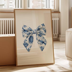 Chinoiserie Wall Art, Blue Chinoiserie Bow, Coquette Bow, Grandmillenial Art, Coastal Cowgirl, Dorm Wall Art, Minimalist, Digital Download