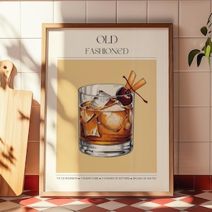 Old Fashioned Print, Sztuka przepisu na koktajle, Dekoracja wózka barowego, Znak firmowy drinka, Wydruk Cheers, Dekoracja ścienna kuchni, Pobieranie cyfrowe