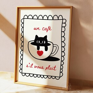 Un Cafe S’il Vous Plait プリント、キッチン ウォール アート、コーヒー カート プリント、猫好きのポスター、フランスのアート プリント トレンディなレトロ ポスター デジタル ダウンロード