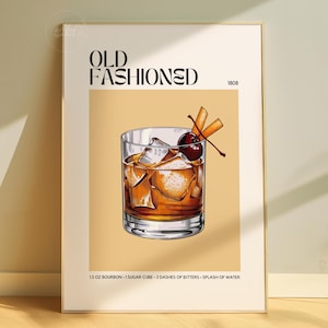 Old Fashioned Print, Cocktail-Rezept-Poster, Bar Dekor, Retro trendige Wandkunst, Ästhetisches Poster, Küchen Wandkunst, Digitaler Download
