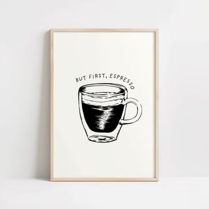 Ale najpierw wydruk Espresso, sztuka ścienna do kuchni Retro plakat do kawy Minimalistyczna sztuka Znak kawiarni Modny plakat Wydruk do mieszkania Pobieranie cyfrowe