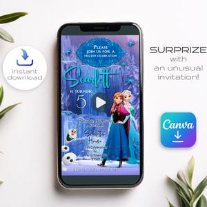 Op de afbeelding: Een digitale uitnodiging op een smartphonescherm voor een Frozen-thema verjaardagsfeestje. De uitnodiging bevat de tekst "Scarlett wordt 5" met datum, tijd en locatie. Het ontwerp bevat illustraties van Anna en Elsa.