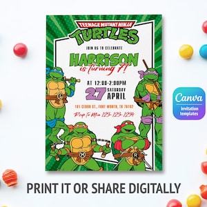 May include: A Teenage Mutant Ninja Turtles birthday invitation card featuring four green turtles with colored masks and weapons. The text reads: Join us to celebrate Harrison is turning 7, at 12:00-2:00pm, 27 April, 101 Cedar St., Fort Worth, TX 76102.