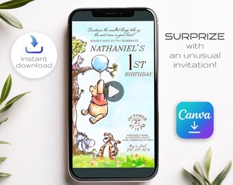 Winnie the Pooh invitation, animated editable boy girl birthday invite, mobile video invitation, Teddy Bear invite template, Winnie invite