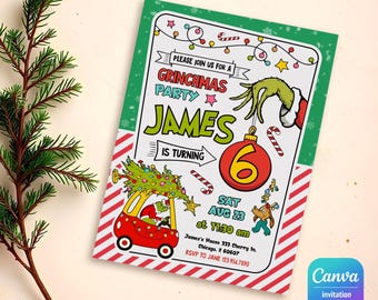 May include: A green and red invitation for a Grinchmas party for James turning six. The invitation features a cartoon Grinch holding a Christmas ornament, a red car with a Christmas tree on top, and the text "PLEASE JOIN US FOR A GRINCHMAS PARTY JAMES IS TURNING 6 SAT AUG 23 at 11:30 am James's House 333 Cherry In. Chicago, il 60607 RSVP TO JANE 123.456.7890".