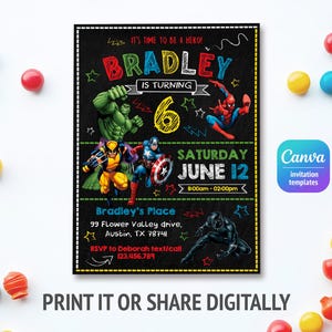 Printable Boy Birthday Invite, super hero Editable party Invitation, spiderman, hulk, captain america Invite template, avengers invitation
