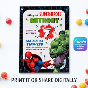 Printable Boy Birthday Invite, super hero Editable party Invitation, spiderman, hulk, captain america Invite template, avengers invitation