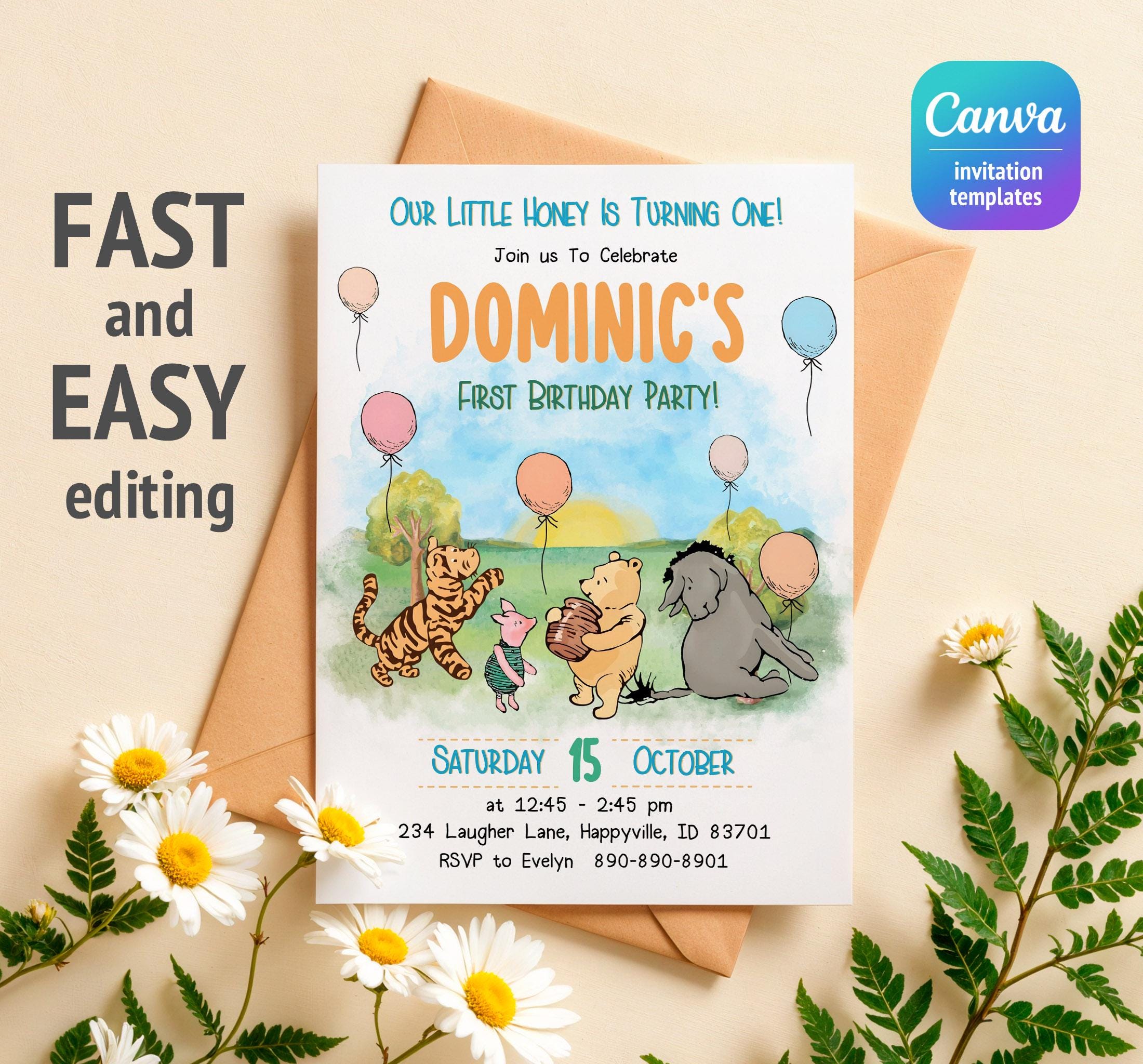 winnie the pooh Invitation, Printable Editable Boy Girl Birthday Invite, Electronic invitation, teddy bear Invite template, winnie invite