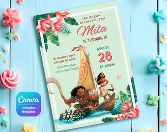 Afdrukbare uitnodiging Moana, bewerkbare uitnodiging, Hawaii verjaardagsuitnodiging, luau Party, bewerkbare te fiti verjaardagsfeestje uitnodigen