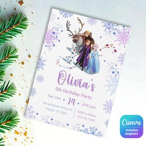 May include: Purple and blue Frozen themed birthday party invitation with a white background. The invitation features a picture of Elsa, Anna, Olaf, and Kristoff. The text on the invitation reads "Olivia's 5th Birthday Party, Sat. Oct 14, 200 pm, Olivia's House 78 Elm St., Huston, TX 75201, RSVP to Rebecca 123.456.7890".