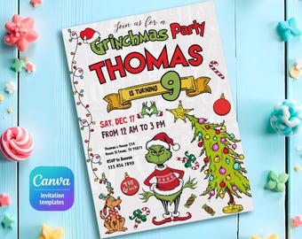May include: A Grinchmas party invitation featuring a green Grinch character wearing a red and white sweater and a Santa hat. The invitation is decorated with Christmas lights, candy canes, and a Christmas tree. The text on the invitation reads "Join us for a Grinchmas Party Thomas is turning 9 SAT, DEC 17 FROM 12 AM TO 3 PM Thomas's House 234 Roses SL Texas, TX 95873 RSVP to Bonnie 123.456.7890 The Grinch"