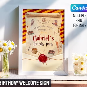 Harry Magical Geburtstag Willkommensschild, Zauberer willkommen in, druckbares Hexen Poster, bearbeitbare Geburtstagseinladungsvorlage