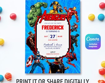 May include: A blue and red invitation for a birthday party featuring the Avengers characters. The invitation says "Join us for the party Frederick is turning 8" and includes the date, time, and location of the party.