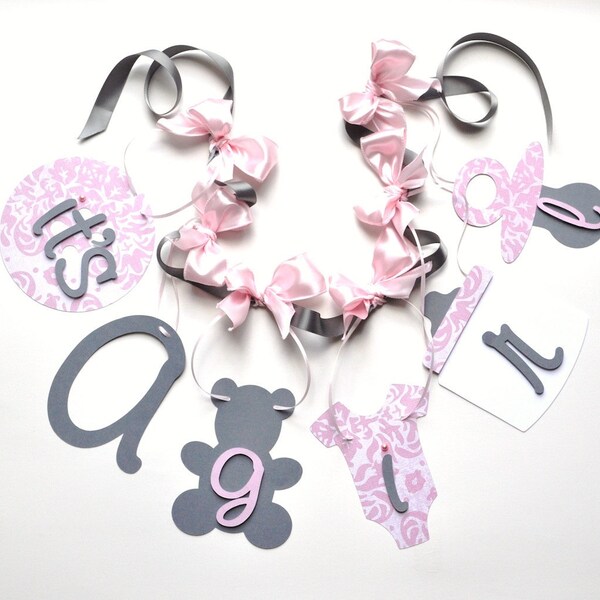 Pink and grey baby shower decorations it's a girl banner with bows by ParkersPrints