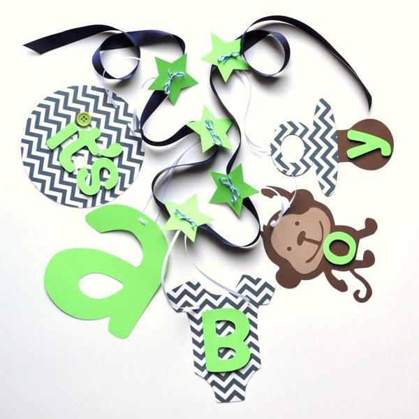 Monkey baby shower decorations navy and lime green it's a boy banner by ParkersPrints on Etsy