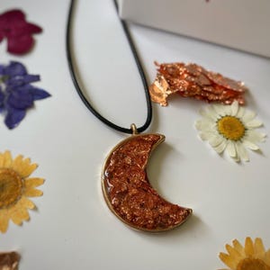 Crescent Moon Resin Necklace – Handmade Gold Foil Moon Pendant, Celestial Jewelry, Boho Gift for Her