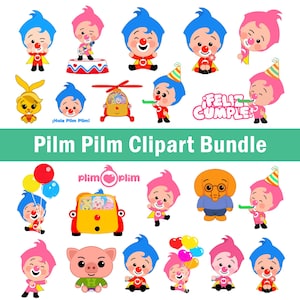 May include: A selection of vibrant cartoon character clipart. The images feature clowns, a bunny, a pig, a helicopter, and a car. Text includes "Feliz Cumple" and "Pilm Pilm Clipart Bundle".