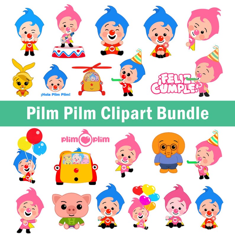 May include: A selection of vibrant cartoon character clipart. The images feature clowns, a bunny, a pig, a helicopter, and a car. Text includes "Feliz Cumple" and "Pilm Pilm Clipart Bundle".