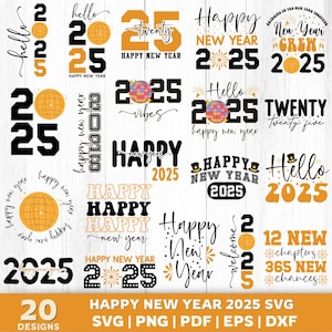 Paquete SVG de Año Nuevo 2025, Feliz Año Nuevo Png, Nochevieja SVG, Diseños de sublimación festivos de Año Nuevo 2025, Diseño de camiseta Descarga digital