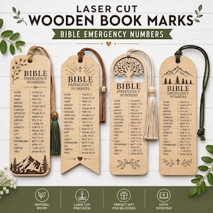 May include: Four rectangular laser-cut wooden bookmarks featuring the text BIBLE EMERGENCY NUMBERS and lists of scripture references. Each bookmark includes a unique top design, such as mountains or a tree, and a colored cord with a tassel or bead.
