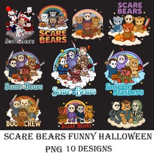 Könnte beinhalten: Eine Sammlung von Designs zum Thema Halloween mit Teddybären, die als Horrorfilmfiguren verkleidet sind. Jedes Design enthält den Text "Scare Bears", "Snuggle Slashers" oder "Boo Crew". Die Designs sind farbenfroh und enthalten Regenbogen, Kürbisse und Waffen.
