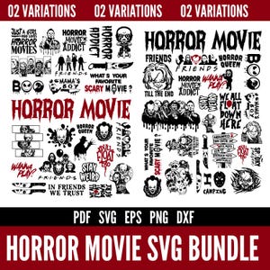 Puede incluir: Una colección de diseños SVG con temática de películas de terror en blanco y negro. Los diseños incluyen texto y elementos gráficos como personajes icónicos de películas, frases como "Horror Movie Addict" y el texto "Horror Movie SVG Bundle."