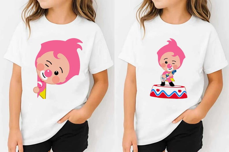 May include: White t-shirts with a cartoon clown design. One shirt shows the clown peeking from behind a yellow shape, the other shows the clown on a circus platform. The clown has pink hair and a red nose.