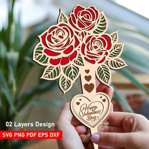 Bouquet de fleurs roses fichier découpé au laser Svg, fête des mères SVG, découpe laser bois 2 couches, Svg fleur rose, bois bouquet de roses SVG, lueur forgéee