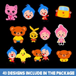 May include: A selection of vibrant cartoon character designs, featuring a pink cat, clown-like figures, a yellow car, and animal characters. The text at the bottom reads "40 DESIGNS INCLUDE IN THE PACKAGE".