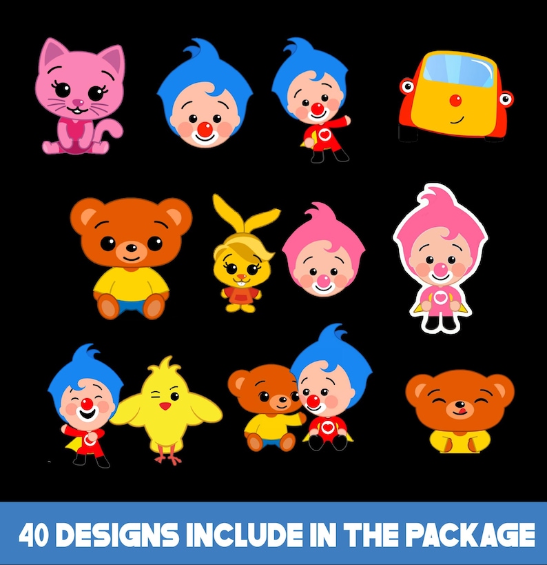May include: A selection of vibrant cartoon character designs, featuring a pink cat, clown-like figures, a yellow car, and animal characters. The text at the bottom reads "40 DESIGNS INCLUDE IN THE PACKAGE".