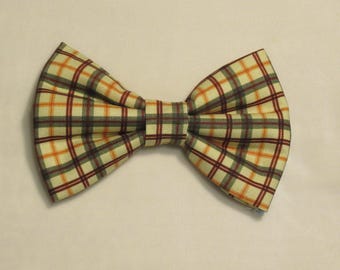 Rustic Green Brown Orange Plaid Dog Cat Bow Tie: Easy Collar Attachment