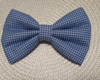 Shades of Blue Gingham Plaid Dog Cat Bow Tie: Easy Collar Attachment