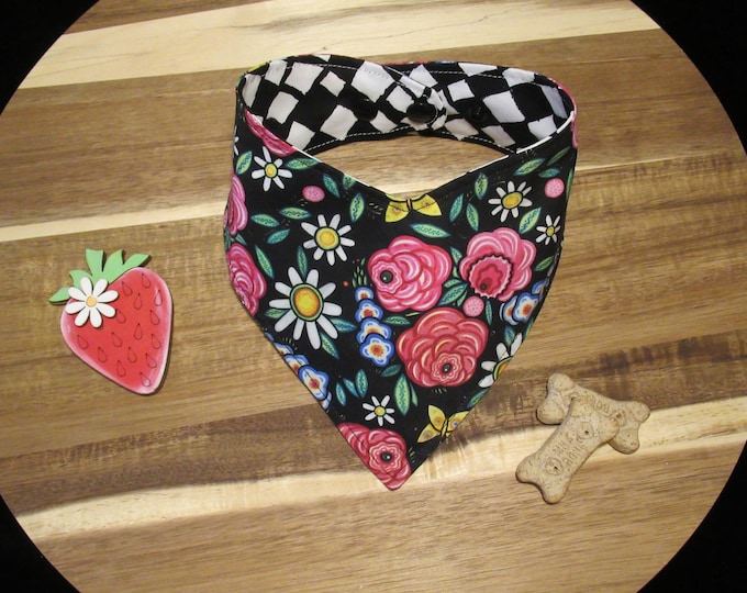 Featured listing image: Dog Bandana Reversible Black Floral Checker Board Pet Scarf with Adjustable Snaps