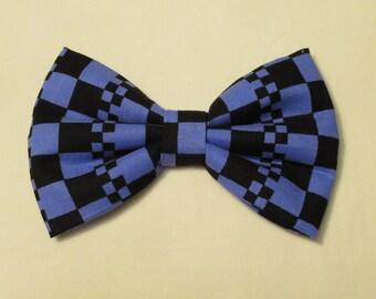 Summer Blue Black Check Mate Plaid Dog Cat Bow Tie: Easy Collar Attachment
