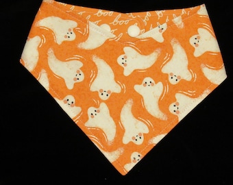 Dog Cat Bandana Reversible Halloween Hey Boo Ghosts Orange Pet Scarf Adjustable Snaps