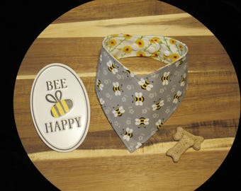 Reversible Gray Bees Floral Dog Cat Bandana Pet Scarf with Adjustable Snaps